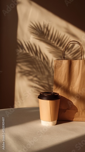 Coffee Cup and Paper Bag Create Warm Atmosphere With Shadows on the Surface.