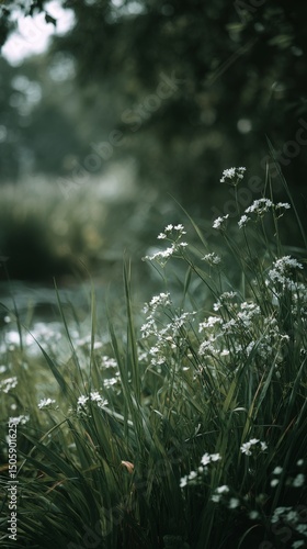 Soft Light Filtering Through Grass and Wildflowers Near a Serene Water Source...