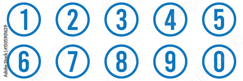 Color bullet points stroke round number set from one to nine simple flat style the numbers on the circles are line. Bullet Points, info markers, Number 0, 1 to 9, Flat design  isolated vector. 