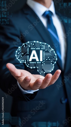 The power of artificial intelligence in the corporate and technological world, symbolizing innovation, brainpower, and digital transformation in business environments.