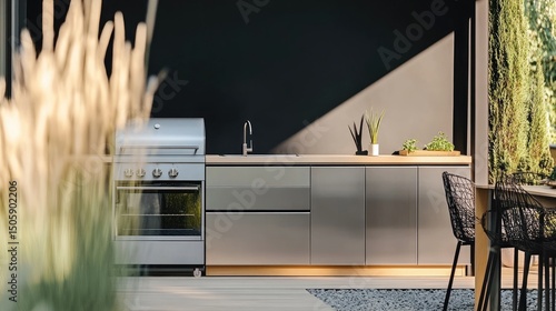 Outdoor Kitchen With Gray Cabinets And Stainless Steel Appliances With Sunlit Wall And Greenery