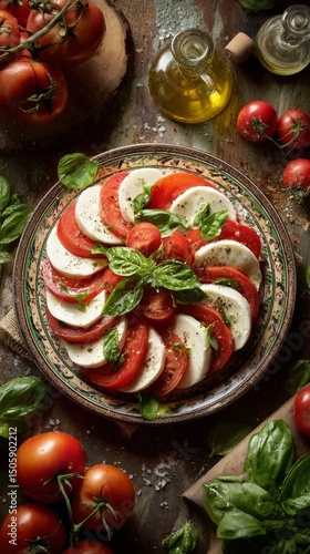 Fresh Mozzarella and Tomato Salad With Basil Served on a Rustic Wooden Table.
