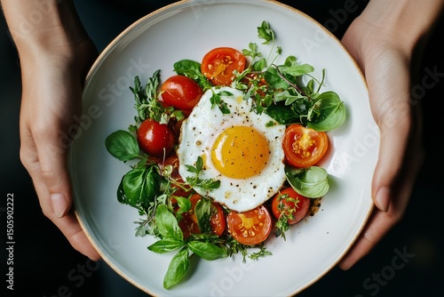 Freshly Prepared Egg With Cherry Tomatoes and Basil Served in a Bowl During B...
