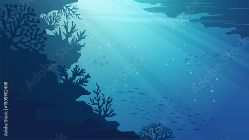 Ocean Underwater Background - Deep the sea scenery vector illustration banner with coral reef, fish and shinny blue water