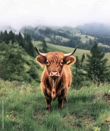 Highland Cow Grazing Peacefully in Lush Green Pasture Surrounded by Misty Mou...