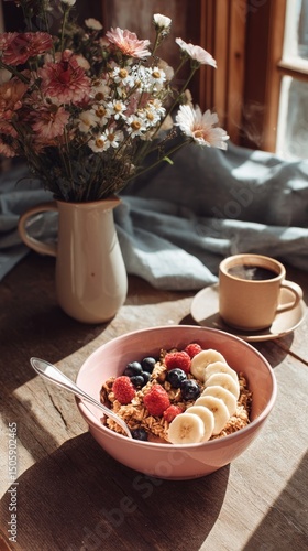 Breakfast Table With Granola, Fruits, and Coffee in a Cozy Kitchen With Natur...