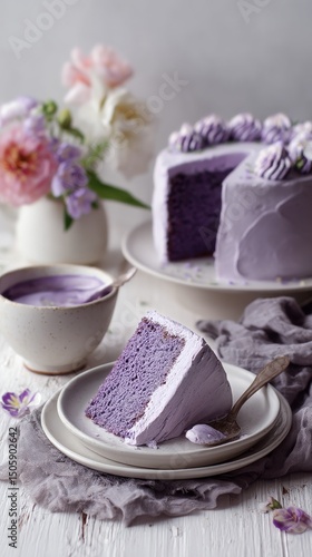 Beautiful Lavender Cake With Flowers and Cream on a Rustic Table Setting for ...