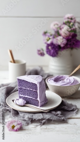 Beautiful Lavender Cake With Flowers and Cream on a Rustic Table Setting for ...