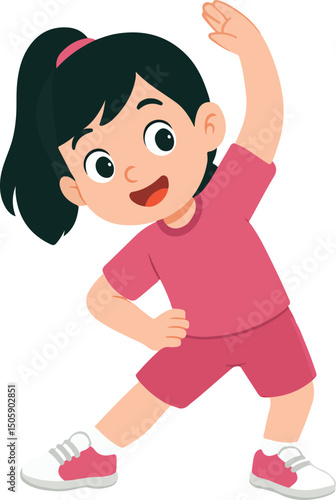Cute Girl Doing Side Stretch Exercise Cartoon Illustration. Vector illustration of a cute cartoon girl doing a side stretch exercise. The girl is wearing a pink sports outfit and smiling cheerfully. 