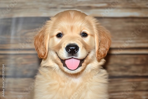 Happy Golden Retriever Puppy Resting on a Cozy Blanket in a Rustic Indoor Set...