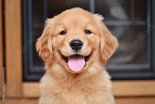 Happy Golden Retriever Puppy Sitting Indoors With a Playful Expression and a ...