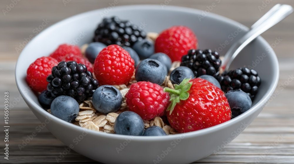 Colors and textures combine in a tantalizing fruit and granola bowl, creatively arranged for a delightful culinary experience Colors and textures combine in a tantalizing fruit and granola bowl, creatively arranged for a delightful culinary experience