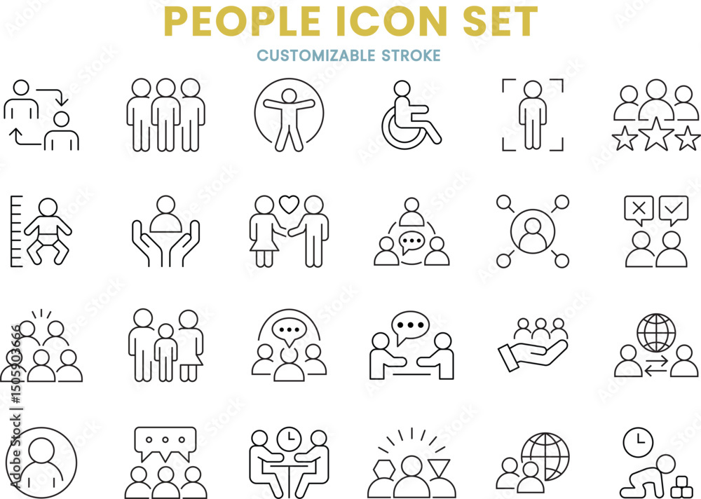 Fototapeta premium People icon set, community, group, family, team, person, baby, customizable stroke, vector, illustration