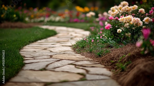 Garden Path Lined With Blooming Flowers in a Peaceful Landscape on a Cloudy Day.