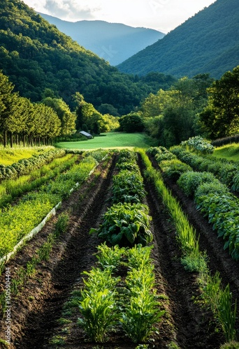Lush Vegetable Garden in the Mountains During Golden Hour.