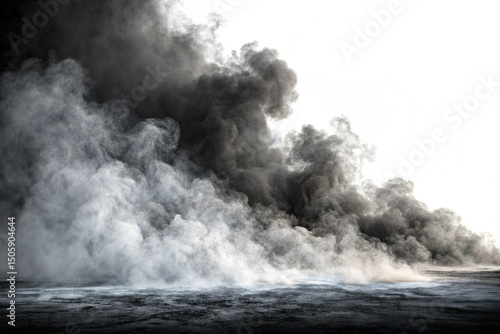 Realistic grey smoke effect isolated on transparent white background. Floating white misty fog. Smoke texture raising. Steam explosion special effect. Design element