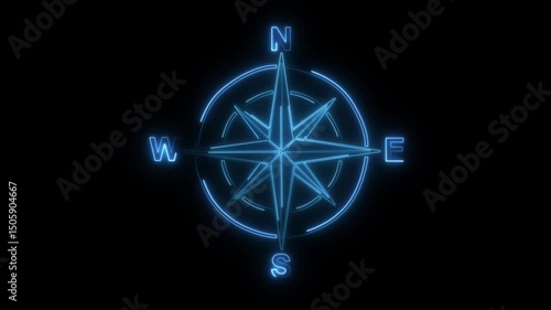 Animated compass glowing neon blue navigational guide on black background