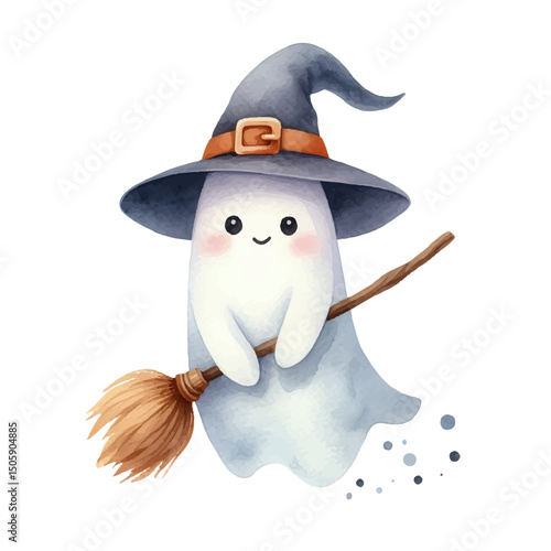 Cute cartoon ghost in a witch hat with a buckle flying on a broom. watercolor style. Whimsical and childish Halloween theme, white background, pastel colors, magical and magical illustration.