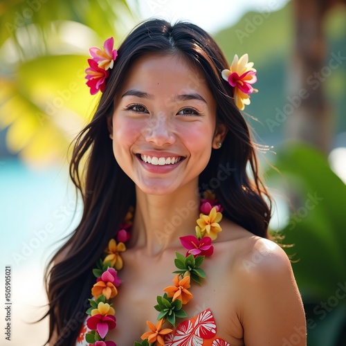 Asian Filipina Hawaiian woman, Traditional lei outdoors, Young smiling girl, Cultural luau celebration