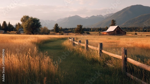 Sunset Light Casting Warm Tones Over a Rustic Barn in a Serene Mountain Valley