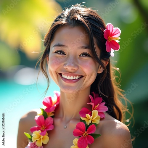 Cute Polynesian Asian young woman, Outdoor portrait smiling, Tropical lei vibrant colors, Joyful happy girl