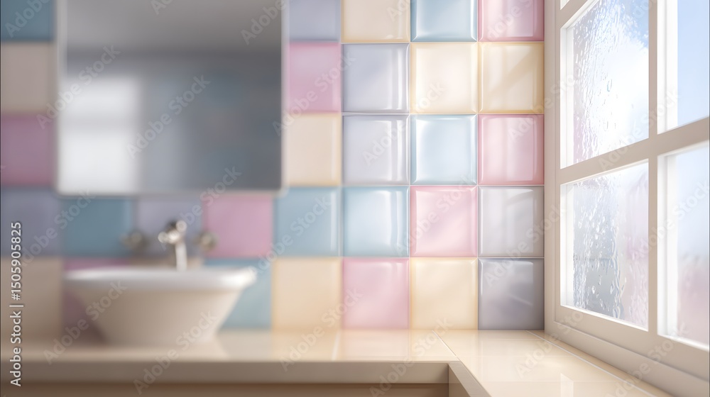 Fototapeta premium Blurred background of a bathroom with soft ceramic tiles