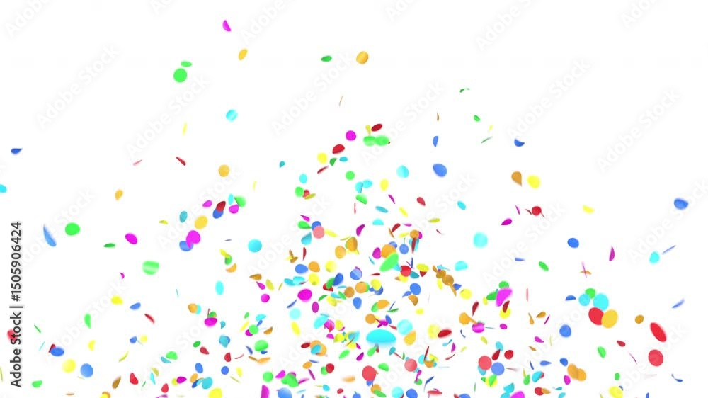 Bright Colors Confetti Explosion on White Background, Alpha Channel 3d Animation. Multicolored Confetti Particles Falling Isolated Illustration. Rainbow Circles Flowing Celebration Design Element 4k.