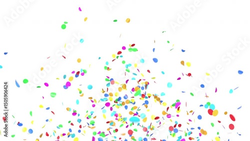 Bright Colors Confetti Explosion on White Background, Alpha Channel 3d Animation. Multicolored Confetti Particles Falling Isolated Illustration. Rainbow Circles Flowing Celebration Design Element 4k.