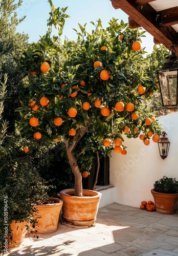 Bright Orange Tree With Ripe Fruit in Rustic Garden Setting During Sunny Day