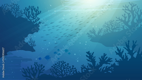 Ocean Underwater Background - Deep the sea scenery vector illustration banner with coral reef, fish and shinny blue water