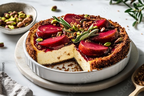 Delicious Cheesecake Topped With Fresh Fruit and Nuts on a Rustic Table Setting