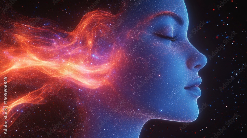 Glowing profile Woman, skin aglow with blue light, fiery hair trail, dark background Glowing profile Woman, skin aglow with blue light, fiery hair trail, dark background