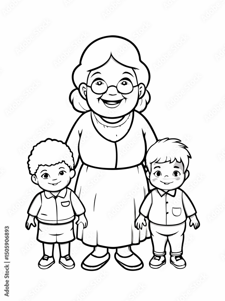 Grandma standing with her two grandchildren in cheerful illustration Grandma standing with her two grandchildren in cheerful illustration