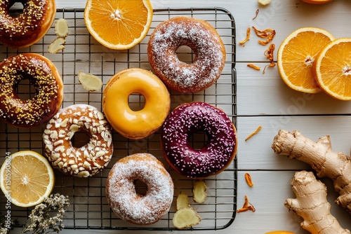 Colorful Donuts With Fresh Oranges and Ginger on a Cooling Rack in a Bright K...