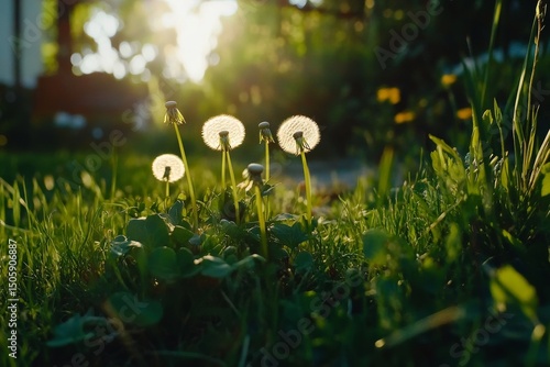 Dandelion Flowers Illuminated by Sunlight in a Lush Garden During Late Afternoon