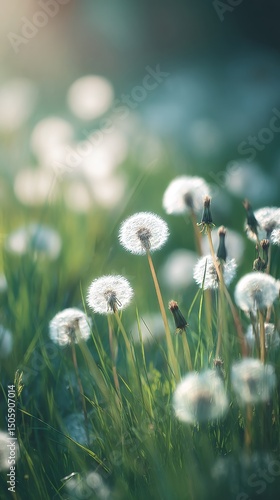 Dandelions in Soft Light Against a Serene Natural Background During Spring Se...