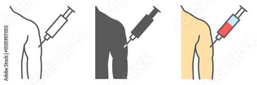 Injection in mans arm icon collection, vaccination and syringe, covid-19 vaccine vector icon set, vector graphics, editable stroke outline sign
