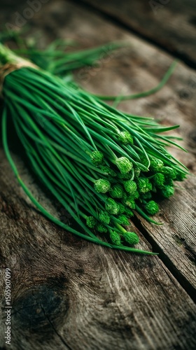 Fresh Chives Resting on a Rustic Wooden Table in Natural Light Showcasing Vib...