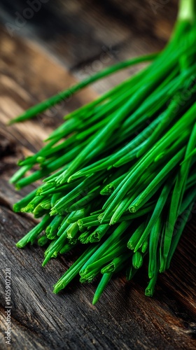 Fresh Chives on a Wooden Cutting Board Ready for Use in Cooking and Garnishin...