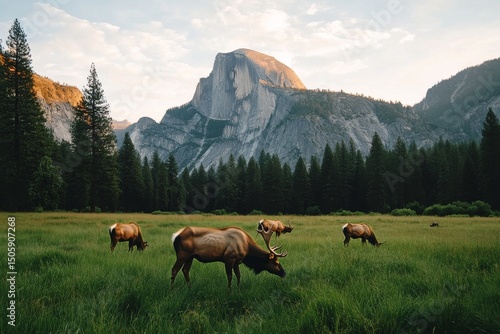 Majestic Elk Grazing in Yosemite Valley With Half Dome at Sunset.