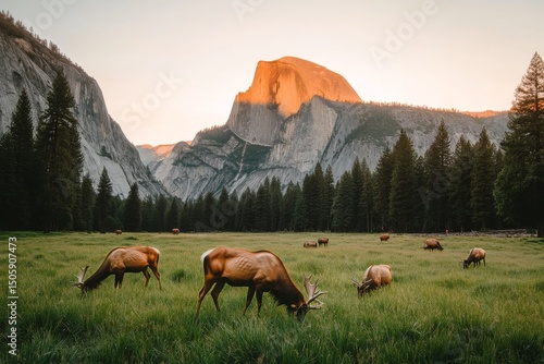 Elk Grazing in a Lush Meadow Against a Backdrop of Towering Mountains at Sunset.