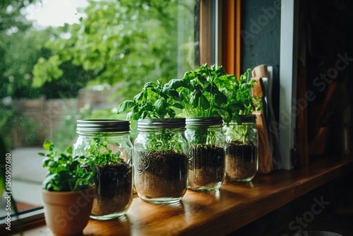 Fresh Herbs Grow in Jars on a Sunny Kitchen Windowsill