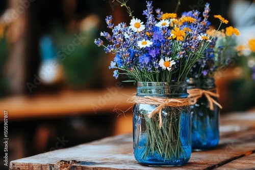 Brightly Colored Wildflowers in Jars on a Wooden Table During a Sunny Afterno...