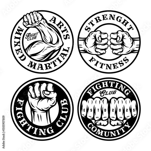 set of Vintage fight club labels with fist punch illustration	
