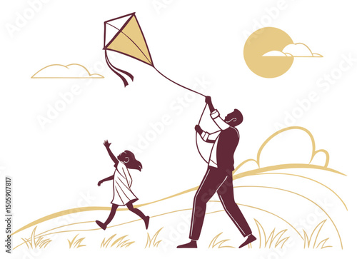 Father and Daughter Flying Kite Vector Illustration.