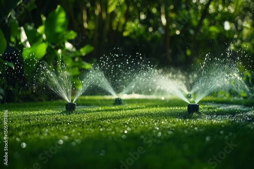 Lawn Sprinklers Watering Grass in a Garden During a Sunny Afternoon