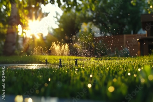 Watering Grass in the Backyard During Golden Hour With Sunlight Creating a Se...