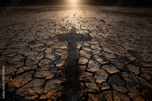 Cross Shadow Casts Long Silhouette Across Barren, Cracked Earth A Desolate Landscape