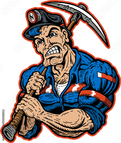 muscular coal miner design with pick ax and stripes on his coveralls