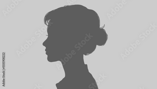  Elegant silhouette of a woman's profile with hair in a bun on a light gray background with spaces for text